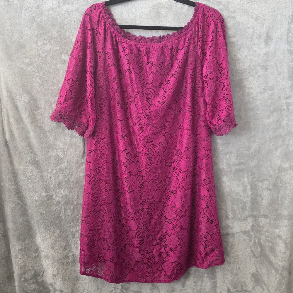 NWT OURS Floral Lace Off Shoulder Mini Dress Bell Sleeve Magenta Hot Pink M Med